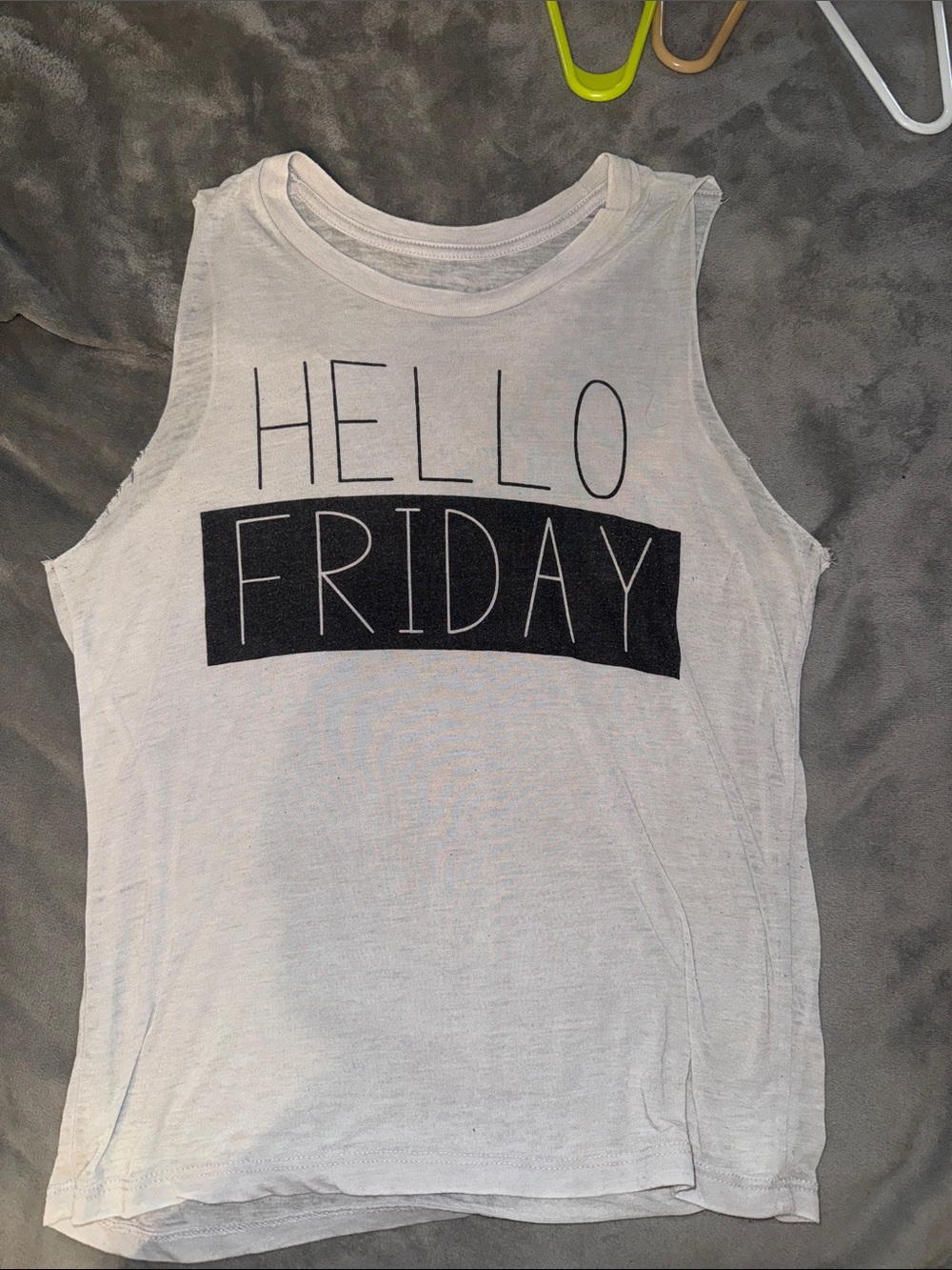 Fifth Sun White Tank Top with Black "Hello Friday" Graphic